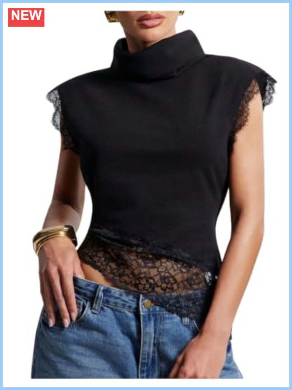 Mock Turtleneck Asymmetrical Lace Trim Knit Top Semi-Sheer Slim Fit